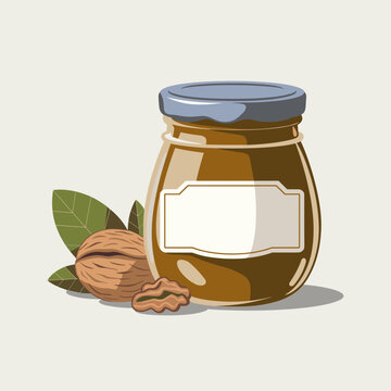 Walnut jam jar with empty label vector isolated on white background