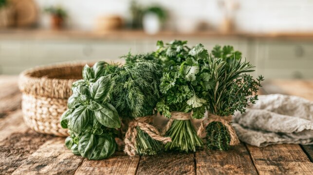 Freshly harvested herbs including basil, dill, parsley, cilantro, rosemary, and thyme on wooden table