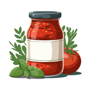 Tomato sauce jar with empty label in flat vector isolated on white background