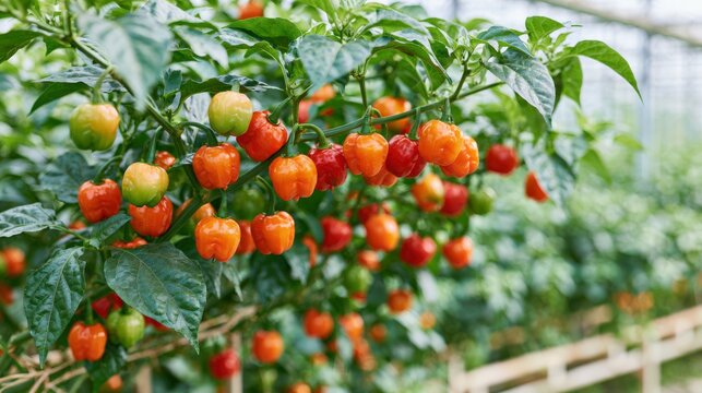 Habanero pepper plant with vibrant fruits in greenhouse setting, showcasing ripening stages from green to red