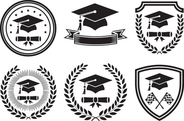 Fototapeta premium Graduation ceremony academic achievement icons set with mortarboard cap and diploma scroll within laurel wreath and shield frame.