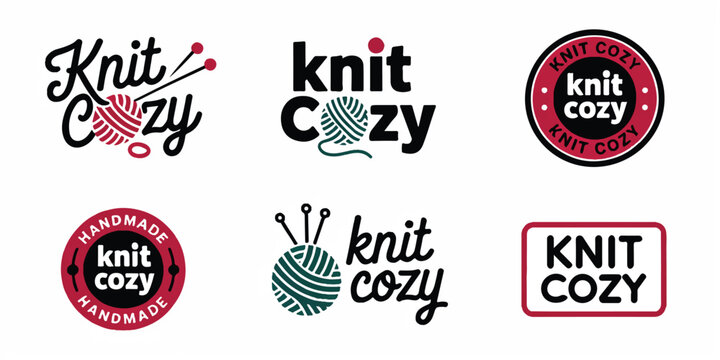 Knit cozy handmade wool brand identity set with yarn ball and needles icons for hobbyist knitting shop and winter apparel labels.