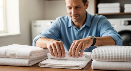 Obraz premium Man folding towels in laundry room while organizing clean linens on wooden table. Freshly laundered towels are neatly arranged, including white plush towels and textured shower mats.