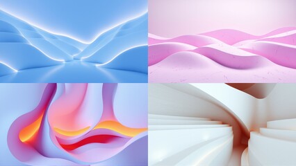 Fototapeta premium Abstract fluid shapes, soft colors, smooth surfaces. Four panels display gentle curves, light shadows, modern design.