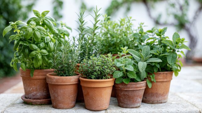 Collection of culinary herbs in terracotta pots on a light limestone patio, basil, rosemary, mint, and more