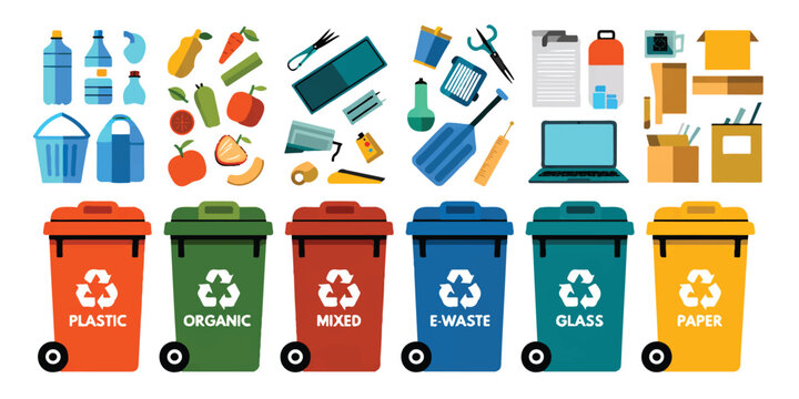 Waste sorting collection bins with recyclable items isolated on white background for environmental awareness and trash management.