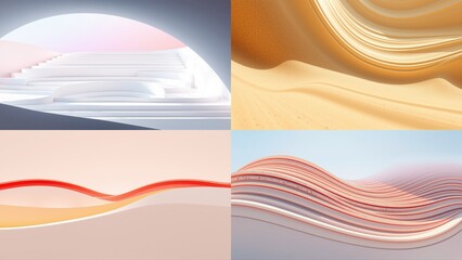 Fototapeta premium Abstract geometric shapes, flowing lines, warm colors dominate composition. Minimalist design, soft gradients create visual interest.
