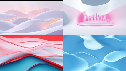 Fototapeta premium Abstract fluid shapes, soft colors, modern design. Four panels showcase flowing forms, light, shadow, gradients. Minimalist aesthetic.