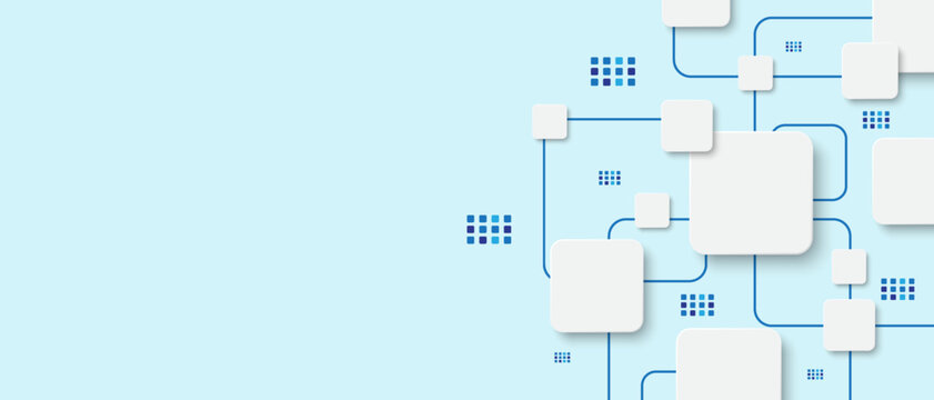 Computer circuit network technology banner design. Minimal abstract digital communication background with square. Geometric line and white rounded rectangle button