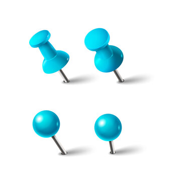 Four bright cyan push pins and round map tacks with sharp metal points and dark cast shadows for office... isolated on a transparent background