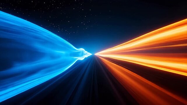 Blue and orange beams crossing in space