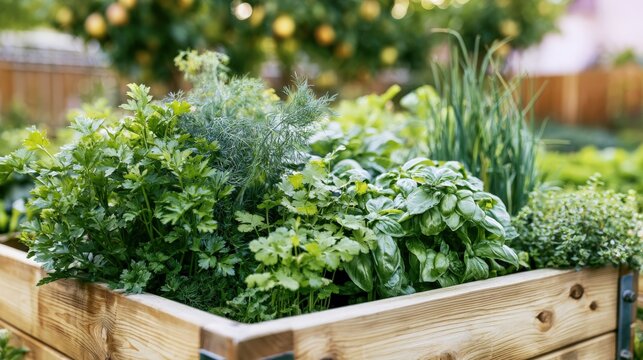 Large cedar raised garden bed filled with parsley, dill, cilantro, basil, chives, and thyme in vibrant kitchen garden