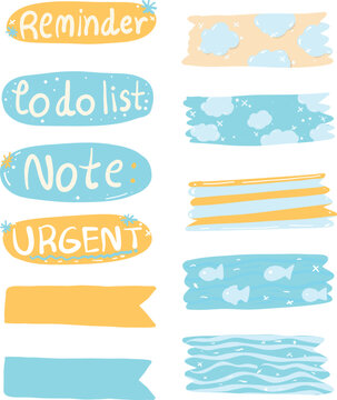 Set of cute sticky notes, banners, and labels with handwritten words like reminder, to do list, note, and urgent, decorated with playful illustrations of clouds, fish, and wavy lines