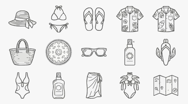Industrial Style Line Drawing Set of Vintage and Modern Beach Essentials with Floral Patterns Sun Protection and Accessories