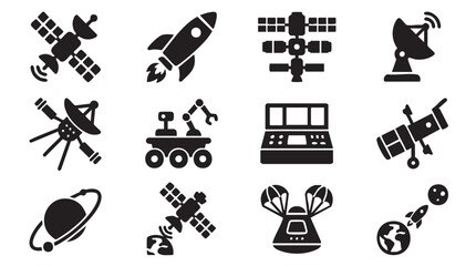 Space icons, satellite symbols, rocket ship graphics, astronomy signs, 12 black vector icons © MHK