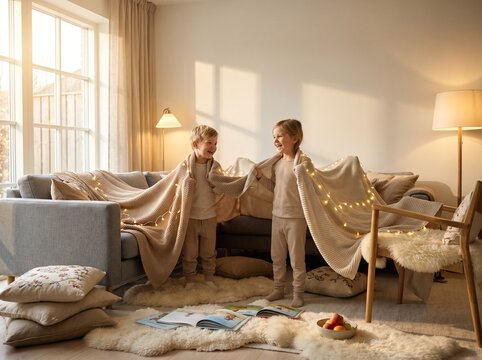 Happy Children Building Cozy Blanket Fort in Modern Living Room
