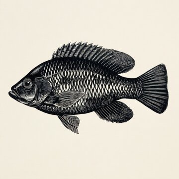 Black And White Detailed Etching Of A Sunfish On A Plain Off White Background