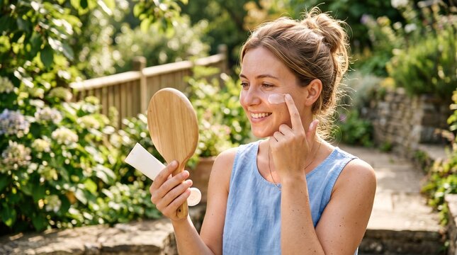 Young woman applies sunscreen to her face before spending time outdoors on a sunny day. Daily UV protection helps reduce the risk of premature aging and skin cancer.