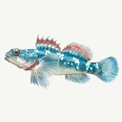 Fototapeta premium Blue Painted Grunter Fish Isolated On White Background With Red Spiny Dorsal Fins And Intricate Scales