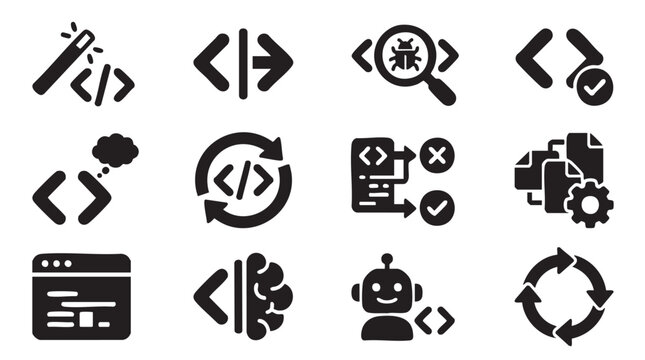 Coding, web development, programming icons, 12 black vector symbols, coding signs, web design elements