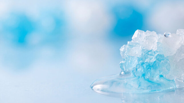Abstract background of melting blue crystallized candy with copy space for web and commercial design 青と白の溶ける琥珀糖と水滴の抽象的な背景、コピースペース、ビジネス・ウェルビーイング広告素材
