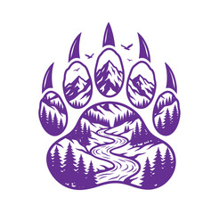 Obraz premium Detailed bear paw print logo with mountain landscape and winding river landscape mountain wilderness wildlife adventure illustration outdoors exploration tracking