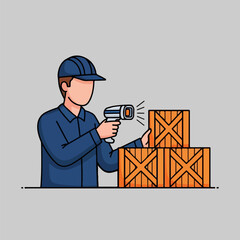 Warehouse Worker Scanning Wooden Crates with Handheld Device © ilhamkamal