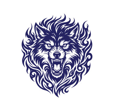 Fierce wolf head mascot with fire energy growling predator aggressive wildlife strength majestic illustration menacing
