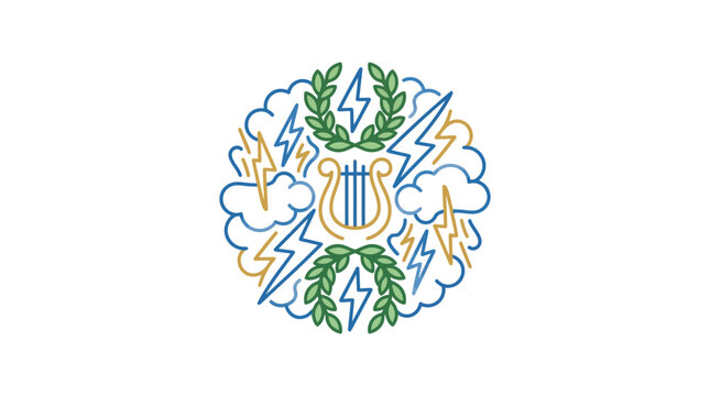 Lyre with laurel wreath and lightning bolts.