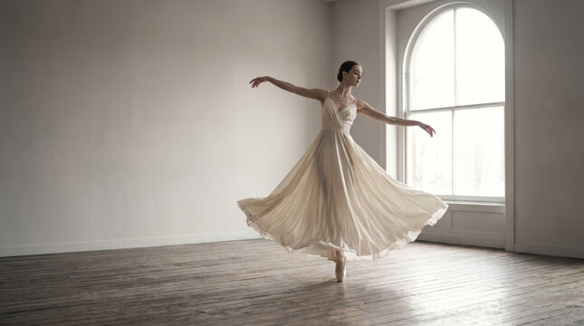 Graceful ballerina dancing en pointe in a flowing silk dress, offering an elegant visual asset for luxury fashion and wellness marketing.