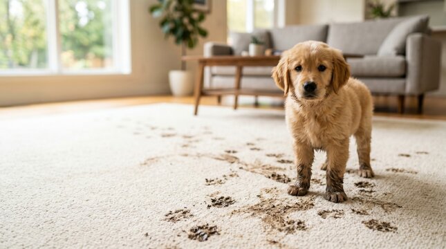 Muddy paw prints left by a playful puppy on a clean carpet after a walk. Pet mess, dirty home, housekeeping, cleaning, indoor hygiene, and puppy ownership concept