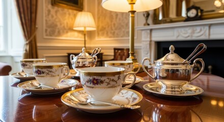 Fototapeta premium Elegant Porcelain Teacups and Silverware Set for Afternoon Tea Service