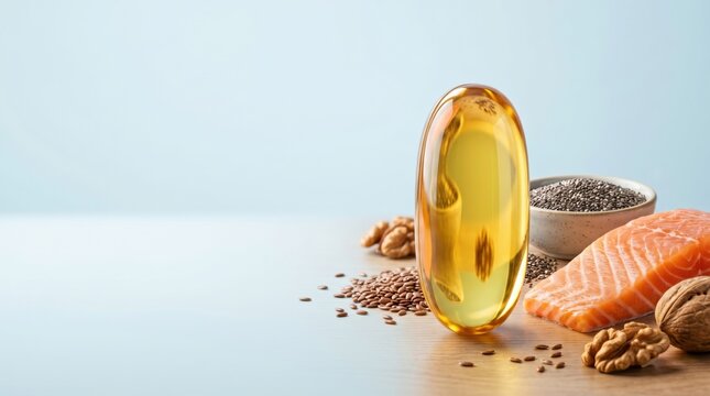 Omega 3 fish oil capsule with salmon, chia seeds, flax seeds, and walnuts on a clean background. Healthy fats, nutrition, dietary supplement, heart health, brain function. Banner, copy space