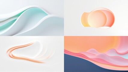 Fototapeta premium Abstract fluid shapes, soft colors, gentle curves. Minimalist design, modern aesthetic, smooth gradients present. Four panels showcase varied compositions.