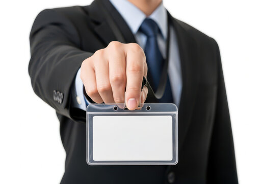 Businessman in a formal suit holding a blank identification badge forward