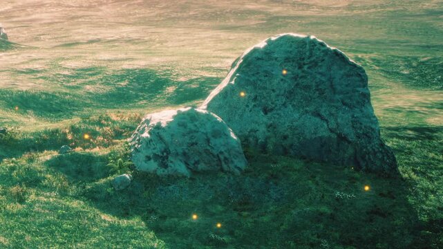 In a grassy field, large rocks are present under soft light. Small glowing bits float in the air. The scene shows nature during evening hours with lush greenery.