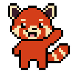 Fototapeta premium Cute saying hello and waving red panda pixel art 8 bit illustration