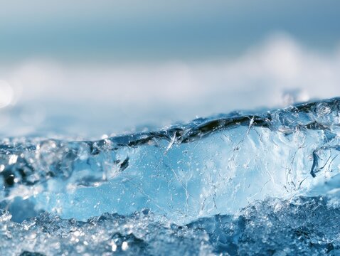 Close up of clear ice chunks and water
