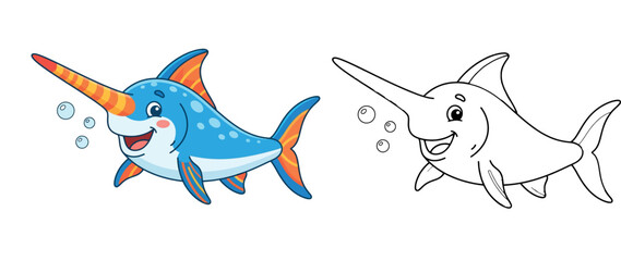 Cute Blue Narwhal Cartoon coloring page © Sumon555