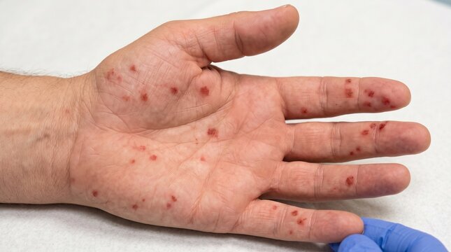 Clinical Close-Up of Janeway Lesions on Adult Hand
