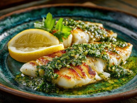 Grilled fish with herb sauce and lemon slice