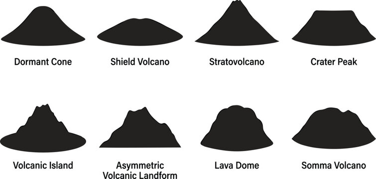Set of black and white volcano type silhouettes, including shield, stratovolcano, and volcanic landform shapes, image_09347c.png.