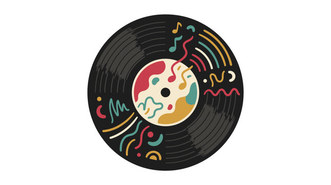 Vinyl record with colorful abstract musical notes and doodles.