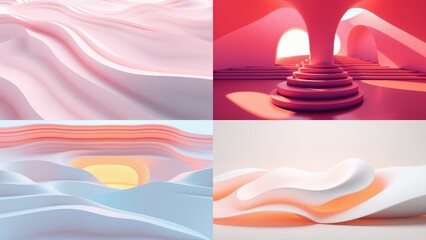 Fototapeta premium Abstract landscapes, soft curves, pastel colors. Minimalist design, smooth surfaces, digital rendering. Warm tones, cool shades, modern aesthetic.