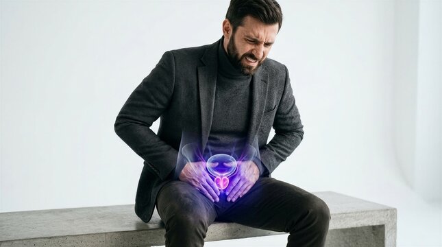 Man suffering from bladder pain or prostate inflammation. Patient touching lower abdomen in discomfort. Medical visualization of urological disease and pelvic health care concept.