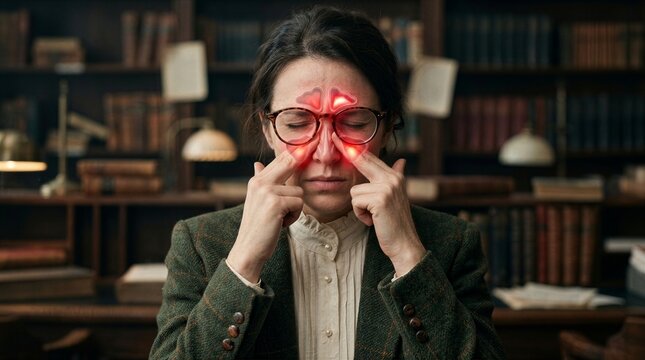 Woman touching nose with sinus pain and inflammation. Concept of sinusitis, allergy or cold symptoms. Medical health problem, nasal congestion, sinus pressure in library.