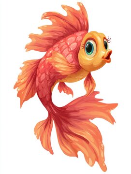 Cute Cartoon Pink Goldfish With Large Expressive Eyes Isolated On White Background