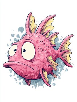 Cute Pink Cartoon Fish With Big Eyes In Pixel Art Style Isolated On White Background