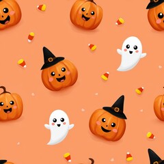 Naklejka premium Seamless Halloween Pattern with Cute Smiling Pumpkins and Ghosts