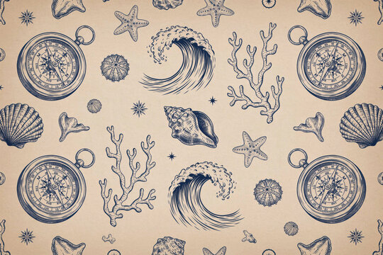 Nautical themed seamless pattern with vintage compasses, starfish, seashells, coral reefs, and ocean waves on a textured beige background